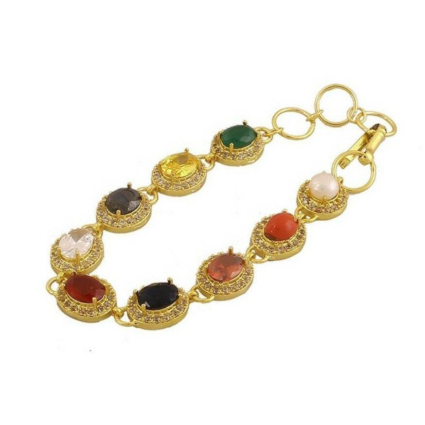 Oval Navratana Bracelet – 9 Gemstones, Gold-Plated Brass - Aemorio