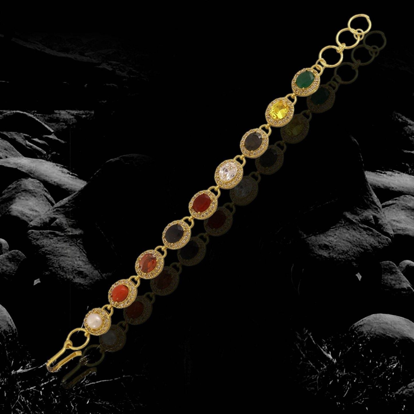 Oval Navratana Bracelet – 9 Gemstones, Gold-Plated Brass - Aemorio