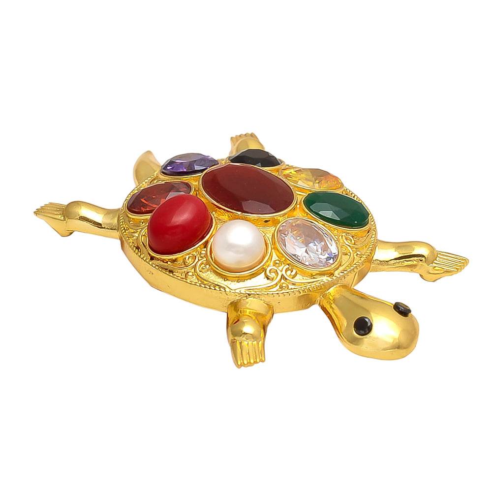 Navratna Tortoise Plate | Panchdhatu | Rhodium Polished | 7.8x5 cm | Vastu Tortoise with 9 Synthetic Gemstones | Home Decor & Gift Item - Aemorio