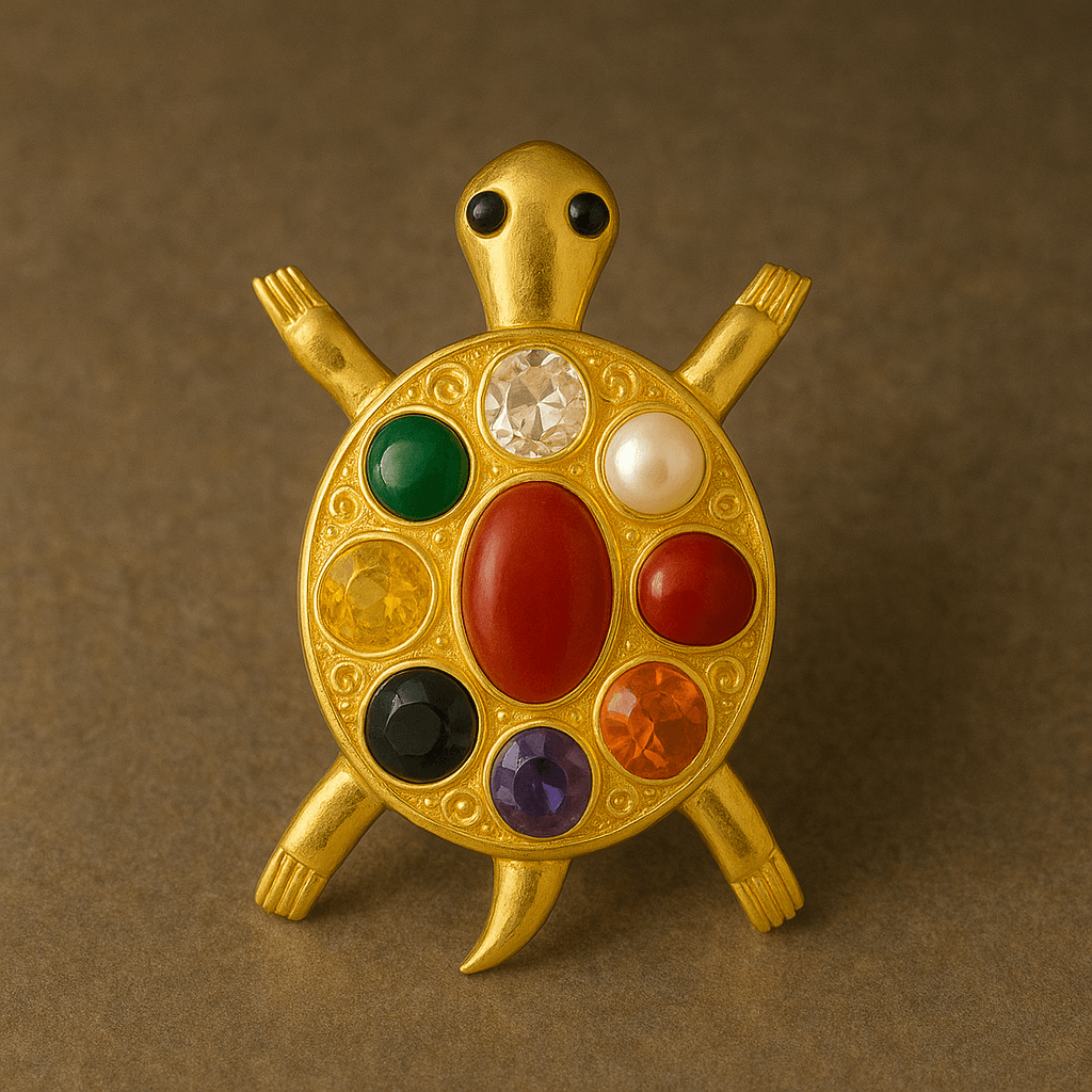Navratna Tortoise Plate | Panchdhatu | Rhodium Polished | 7.8x5 cm | Vastu Tortoise with 9 Synthetic Gemstones | Home Decor & Gift Item - Aemorio