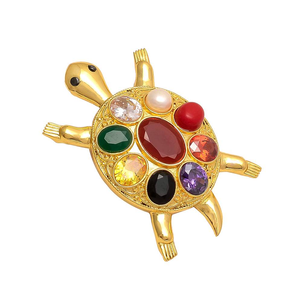 Navratna Tortoise Plate | Panchdhatu | Rhodium Polished | 7.8x5 cm | Vastu Tortoise with 9 Synthetic Gemstones | Home Decor & Gift Item - Aemorio