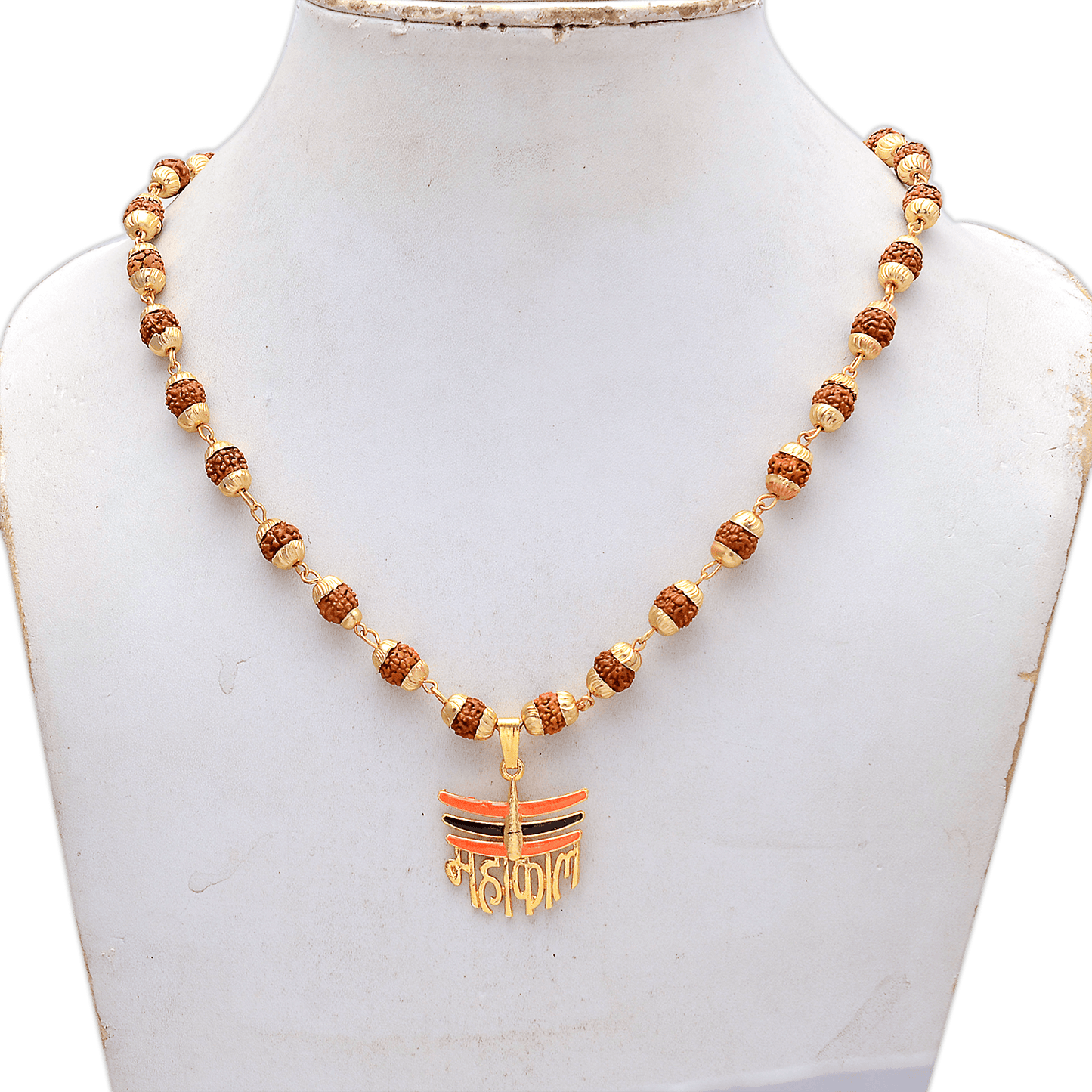 Gold Plated Lord Shiva Mahakal Locket with Panchmukhi Rudraksha Mala - Aemorio