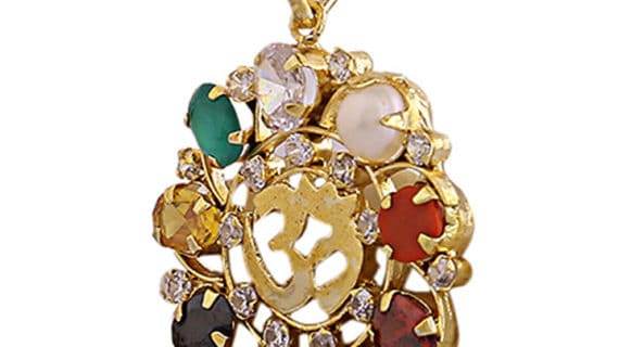Navratna Om Pendant in Gold-Plated Brass with 9 Gemstones - Aemorio