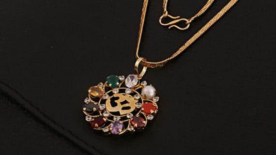 Navratna Om Pendant in Gold-Plated Brass with 9 Gemstones - Aemorio