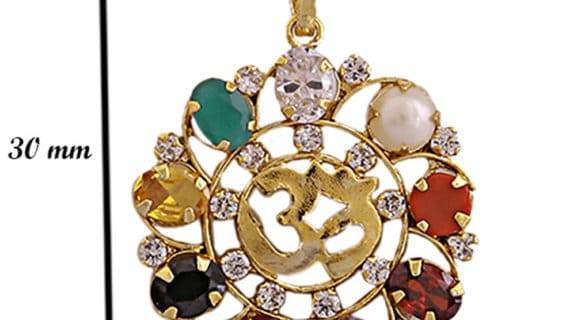 Navratna Om Pendant in Gold-Plated Brass with 9 Gemstones - Aemorio