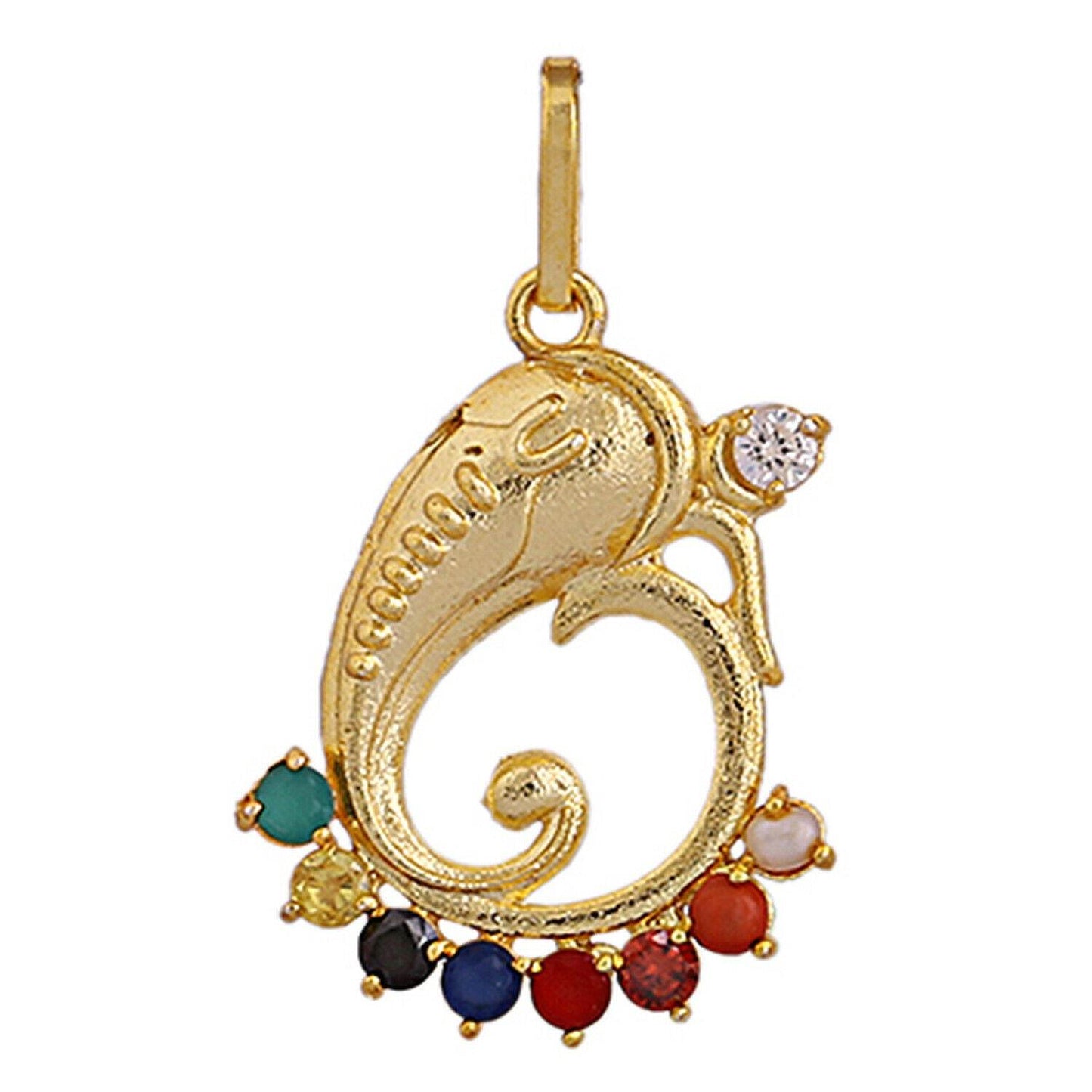 Swastik Ganesha Navratna Pendant – Gold Rhodium Plated Brass (Panchdhatu) | 9 Synthetic Gems | Real Pearl | Spiritual Energy - Aemorio