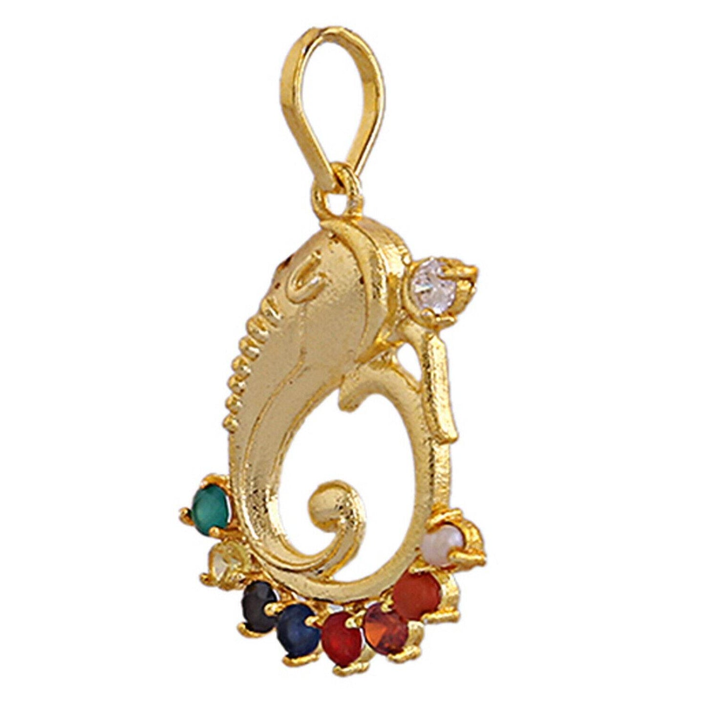 Swastik Ganesha Navratna Pendant – Gold Rhodium Plated Brass (Panchdhatu) | 9 Synthetic Gems | Real Pearl | Spiritual Energy - Aemorio