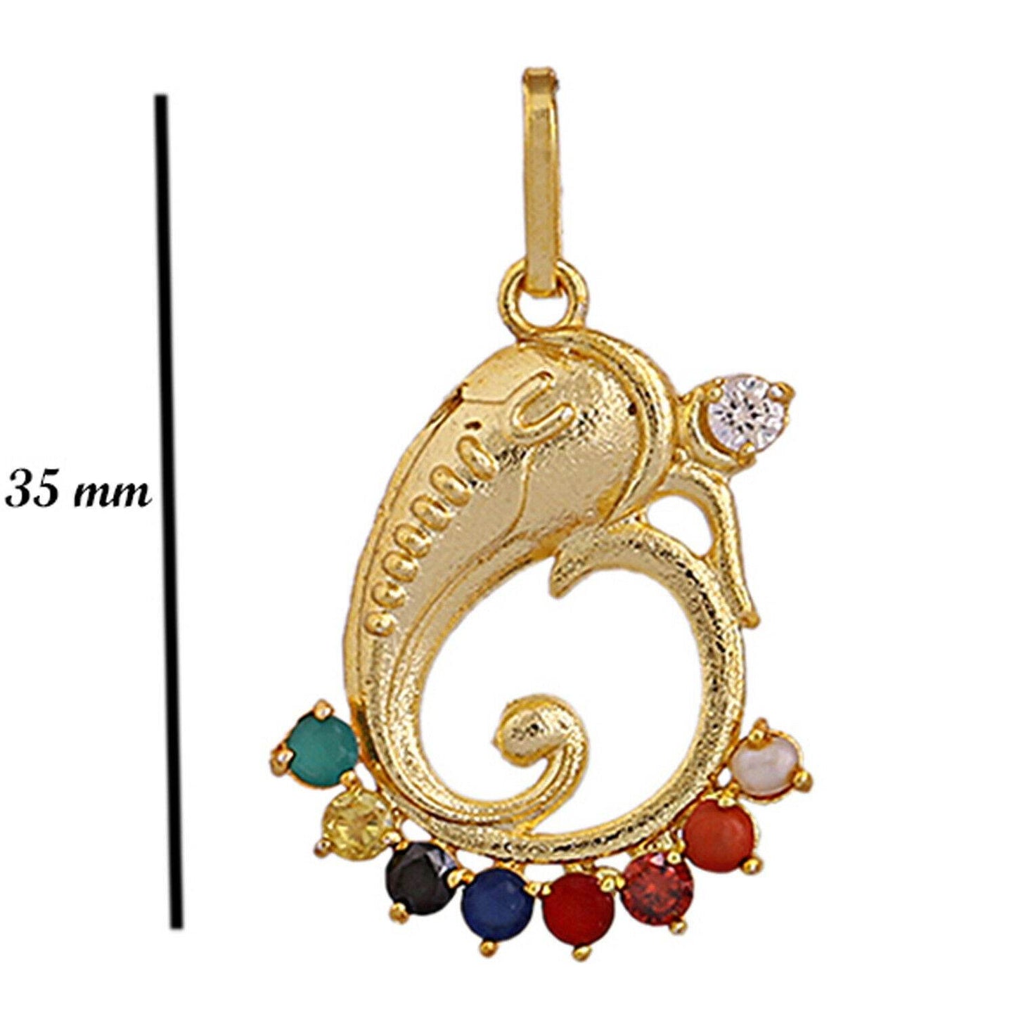 Swastik Ganesha Navratna Pendant – Gold Rhodium Plated Brass (Panchdhatu) | 9 Synthetic Gems | Real Pearl | Spiritual Energy - Aemorio
