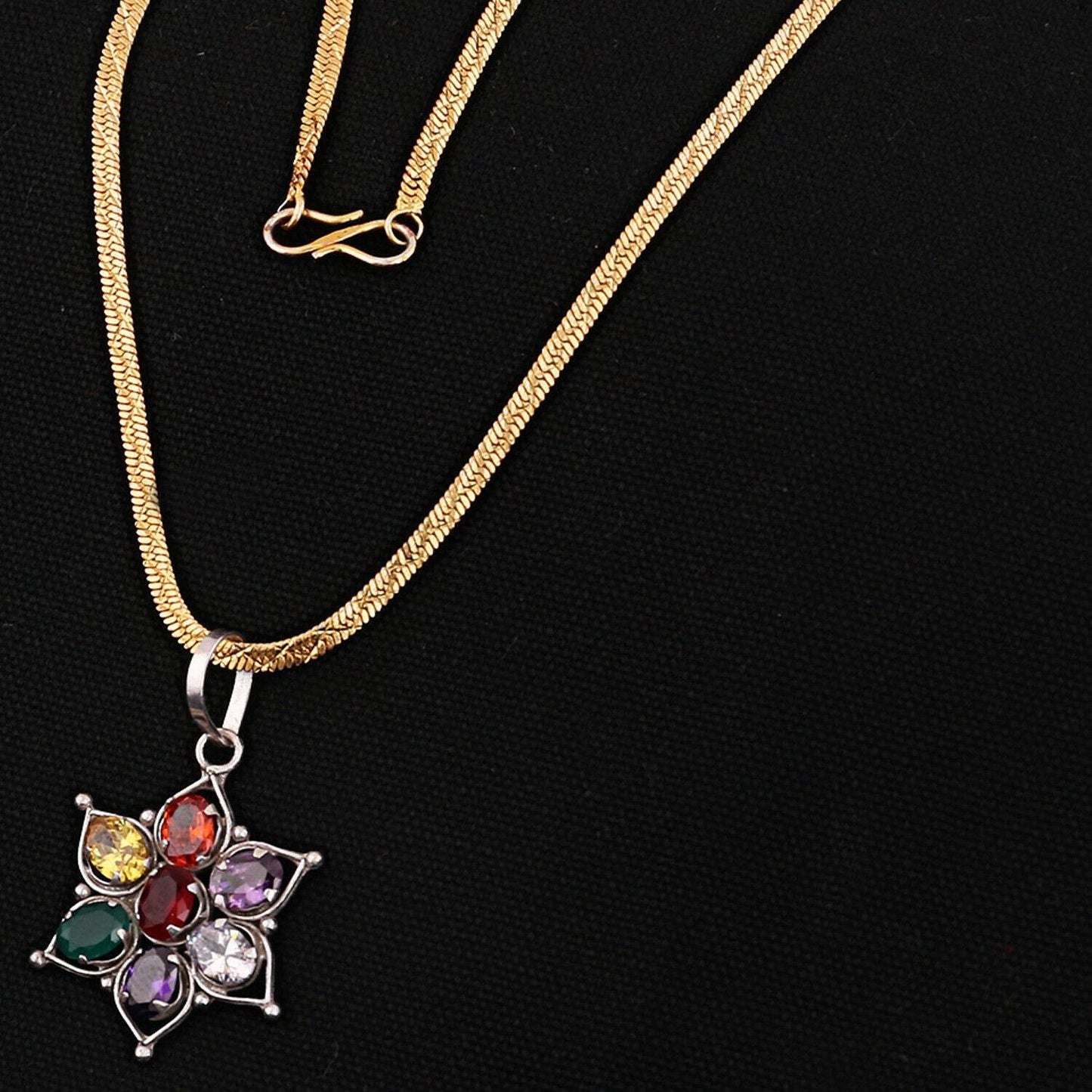 Navratana Snowflake Pendant – Silver Brass, 9 Gems - Aemorio