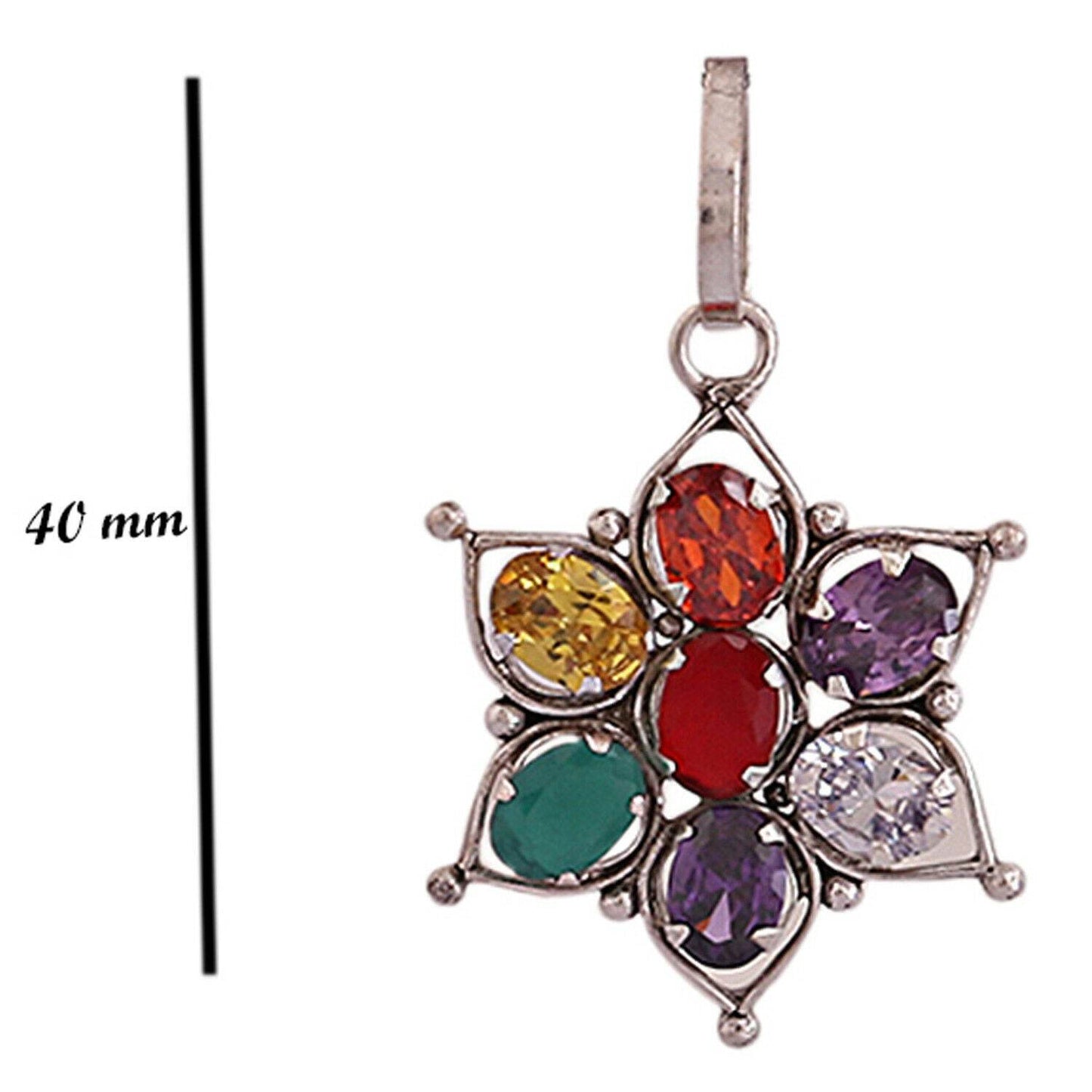 Navratana Snowflake Pendant – Silver Brass, 9 Gems - Aemorio