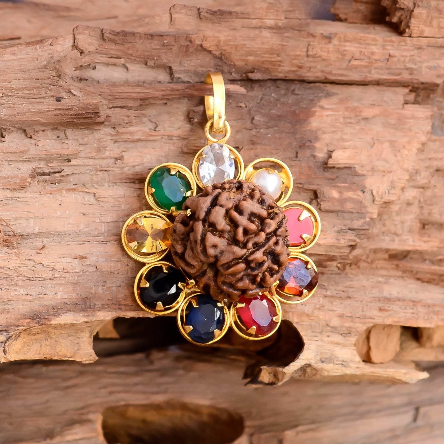 Navratana Rudraksha Pendant тАУ Gold Plated, Healing Gemstones - Aemorio