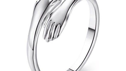 Aemorio Hug Rings for Women Girls Silver Hugging Hands Open Promise Ring Jewelry Hug Hands Mens Rings Couples Wedding Bands - Aemorio