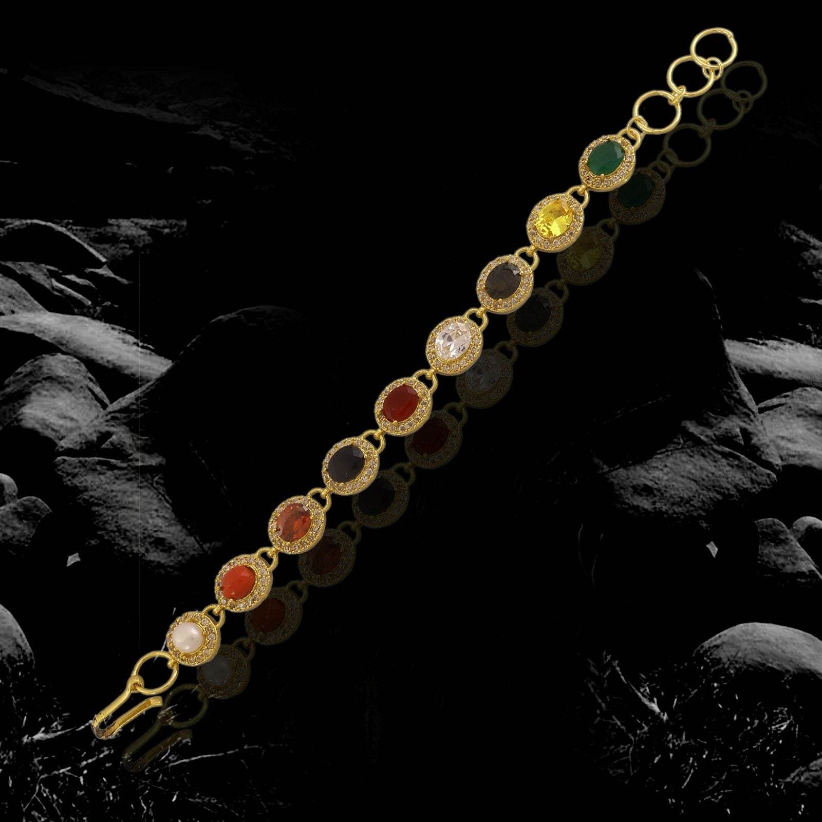 Oval Navratana Bracelet – 9 Gemstones, Gold-Plated Brass - Aemorio