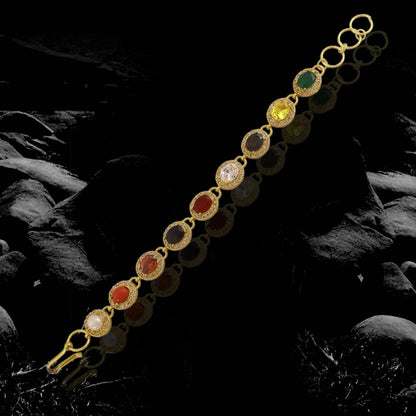 Oval Navratana Bracelet – 9 Gemstones, Gold-Plated Brass - Aemorio