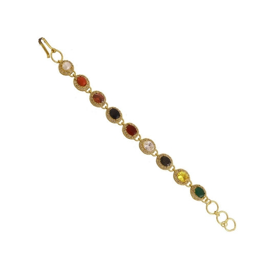 Oval Navratana Bracelet – 9 Gemstones, Gold-Plated Brass - Aemorio