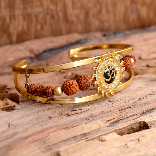 Om Rudraksha Cuff Bracelet for Men – Gold Plated Brass - Aemorio