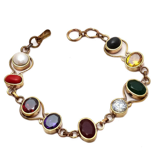 Oval Navratana Premium Bracelet – Golden Brass, 9 Gemstones - Aemorio