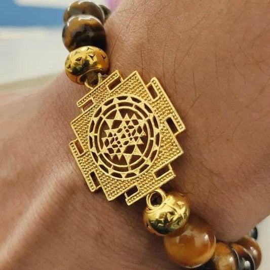 Sri Yantra Tiger Eye Bracelet | 10 mm Natural Beads - Aemorio