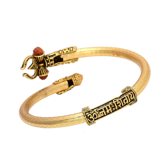 Rudraksha Trishul Damroo Oxidized Silver Unisex Cuff Bracelet - Aemorio