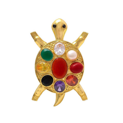 Navratna Tortoise Plate | Panchdhatu | Rhodium Polished | 7.8x5 cm | Vastu Tortoise with 9 Synthetic Gemstones | Home Decor & Gift Item - Aemorio