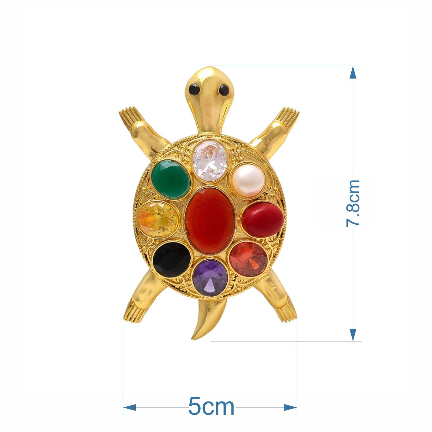 Navratna Tortoise Plate | Panchdhatu | Rhodium Polished | 7.8x5 cm | Vastu Tortoise with 9 Synthetic Gemstones | Home Decor & Gift Item - Aemorio