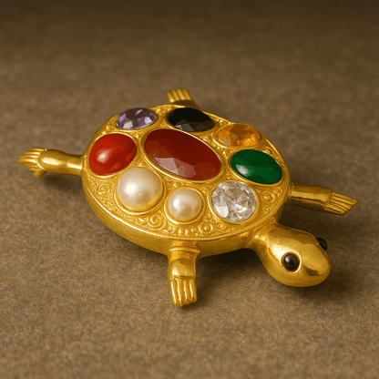 Navratna Tortoise Plate | Panchdhatu | Rhodium Polished | 7.8x5 cm | Vastu Tortoise with 9 Synthetic Gemstones | Home Decor & Gift Item - Aemorio