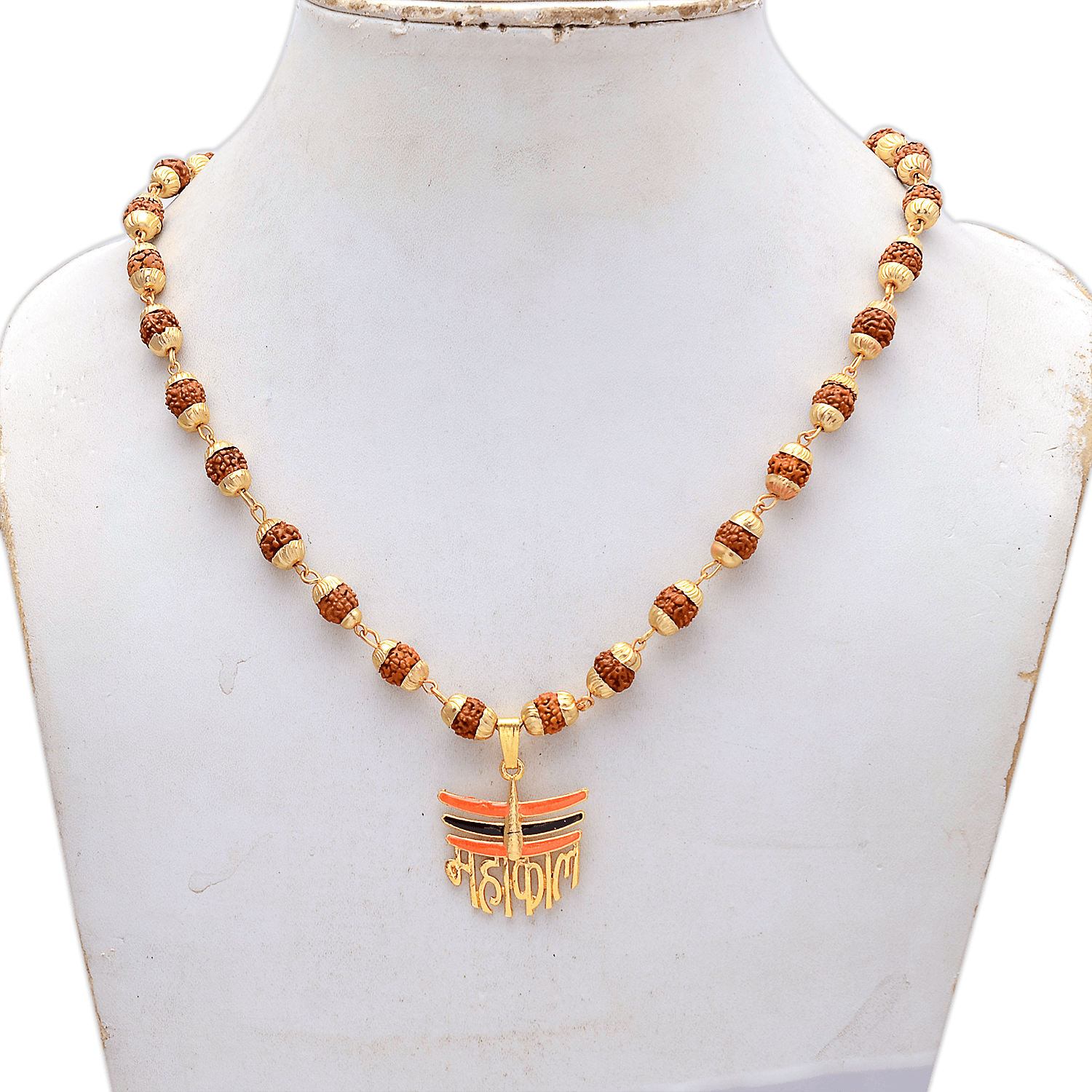 Gold Plated Lord Shiva Mahakal Locket with Panchmukhi Rudraksha Mala - Aemorio