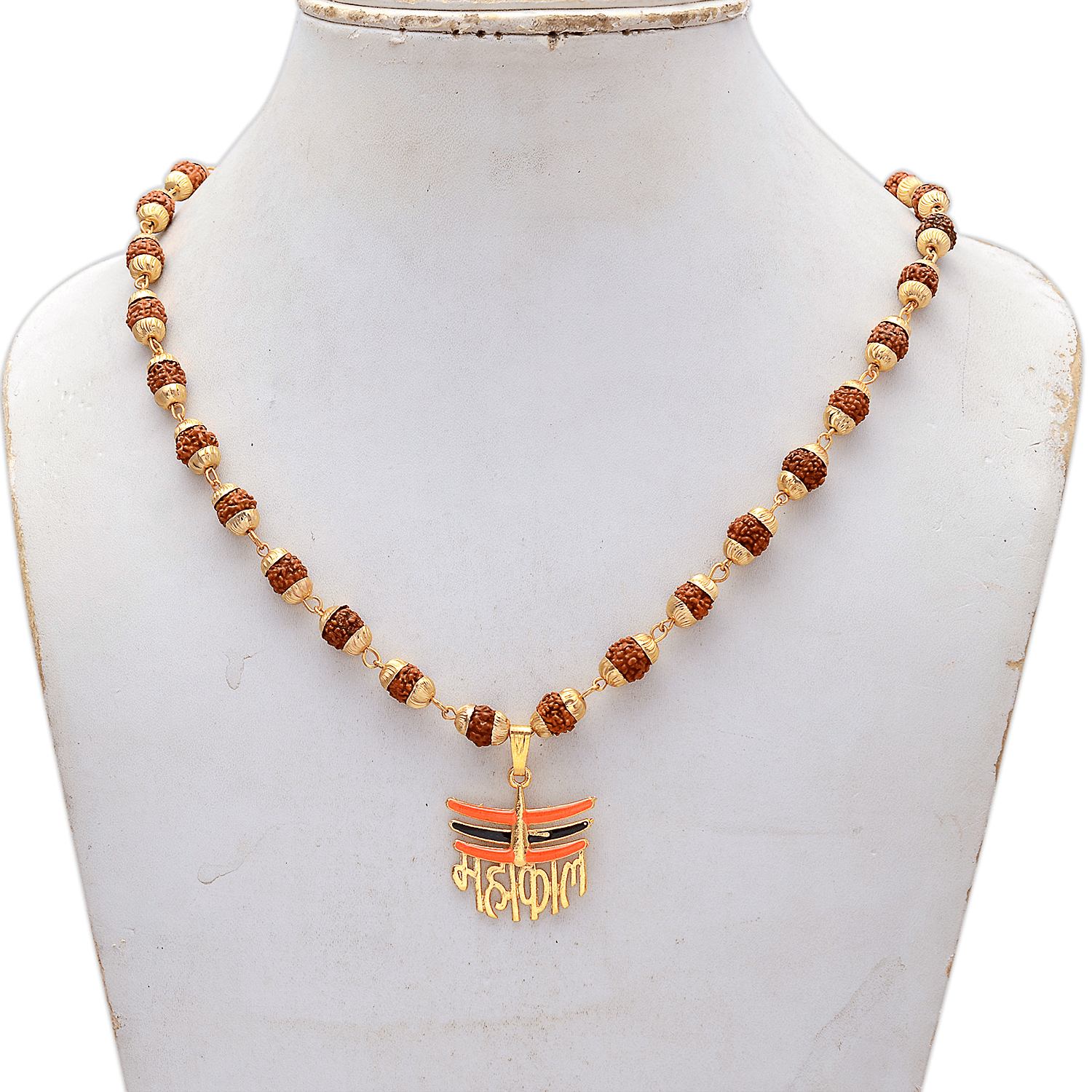 Gold Plated Lord Shiva Mahakal Locket with Panchmukhi Rudraksha Mala - Aemorio