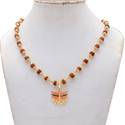 Gold Plated Lord Shiva Mahakal Locket with Panchmukhi Rudraksha Mala - Aemorio
