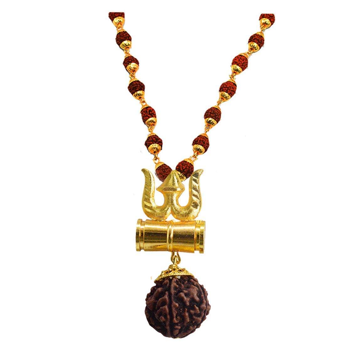 🕉️ Religious Trishul Pendant with Damaru & Rudraksha Mala Elegant Panchdhatu Jewelry for Spiritual Power and Protection - Aemorio