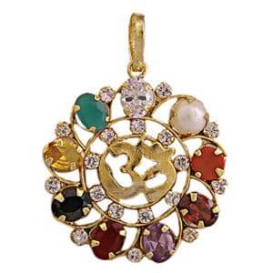 Navratna Om Pendant in Gold-Plated Brass with 9 Gemstones - Aemorio