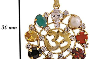 Navratna Om Pendant in Gold-Plated Brass with 9 Gemstones - Aemorio