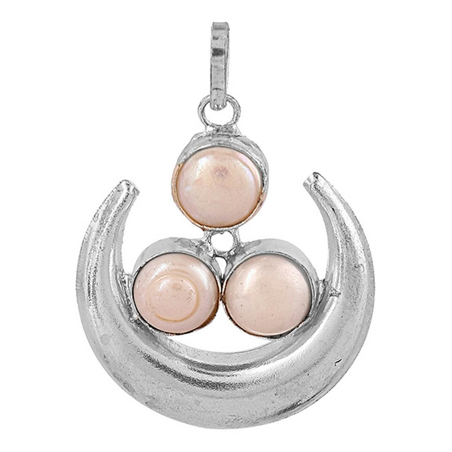 Elegant Three Pearl Moon Pendant - Silver Brass, Spiritual & Healing - Aemorio