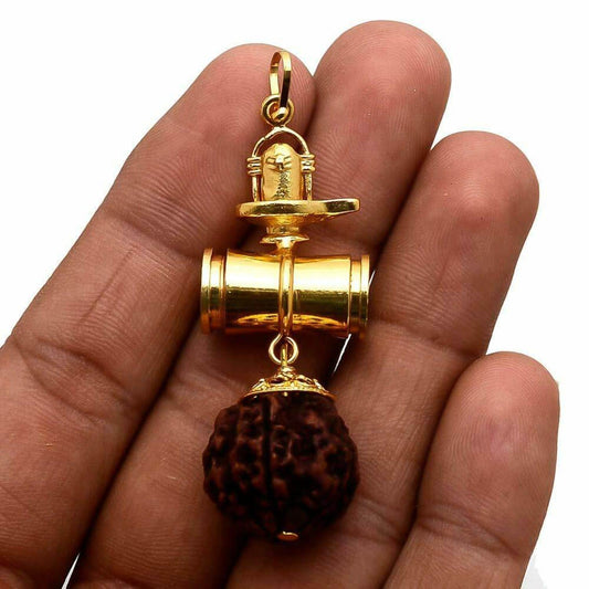 Shivling Rudraksha Damaru Pendant – Brass Gold Plated - Aemorio