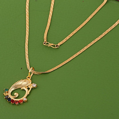 Swastik Ganesha Navratna Pendant – Gold Rhodium Plated Brass (Panchdhatu) | 9 Synthetic Gems | Real Pearl | Spiritual Energy - Aemorio
