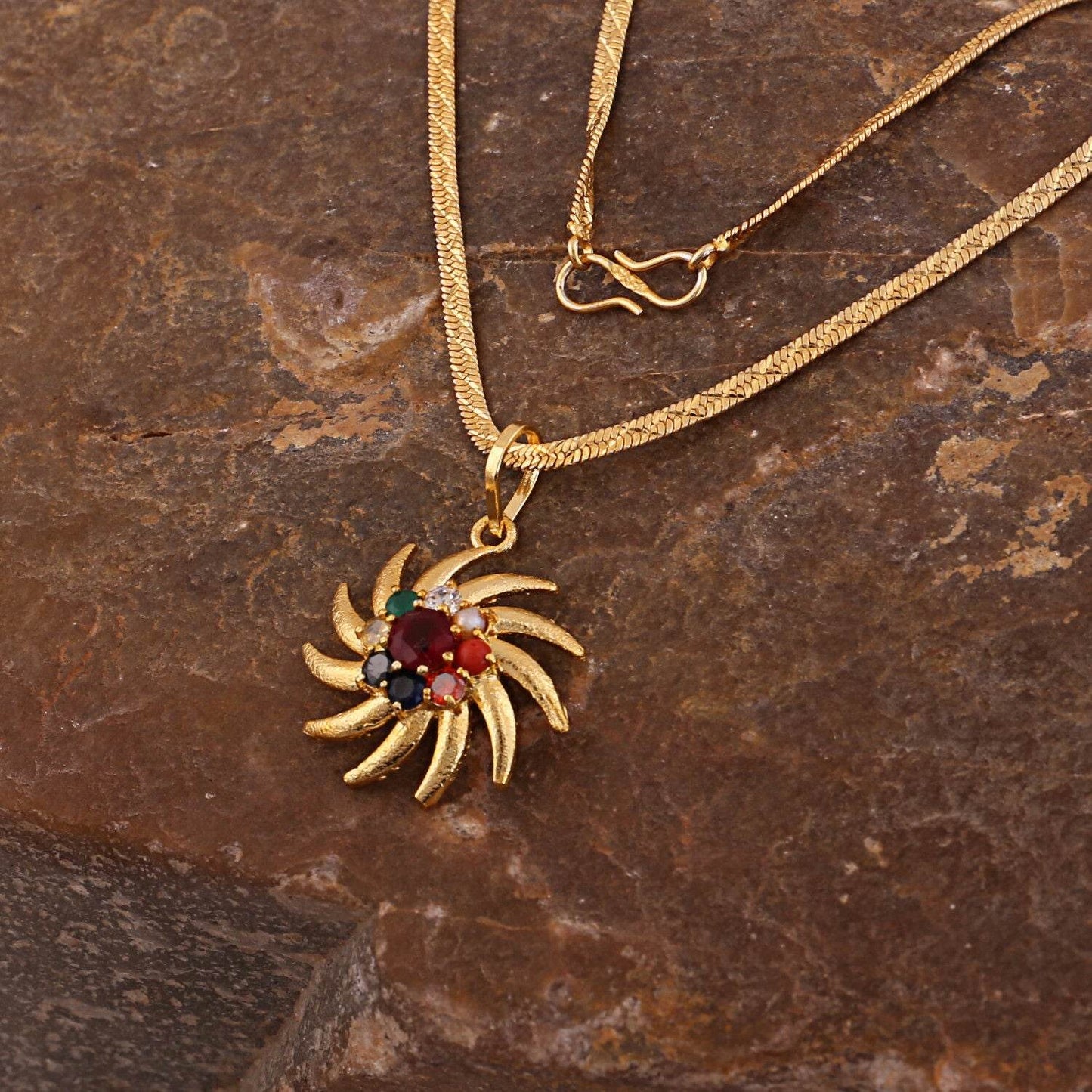 Designer Navratna Surya Locket in Brass (Panchdhatu) - Aemorio