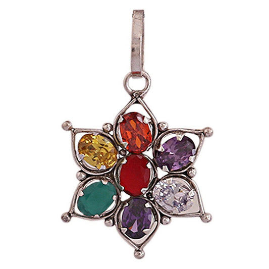 Navratana Snowflake Pendant – Silver Brass, 9 Gems - Aemorio