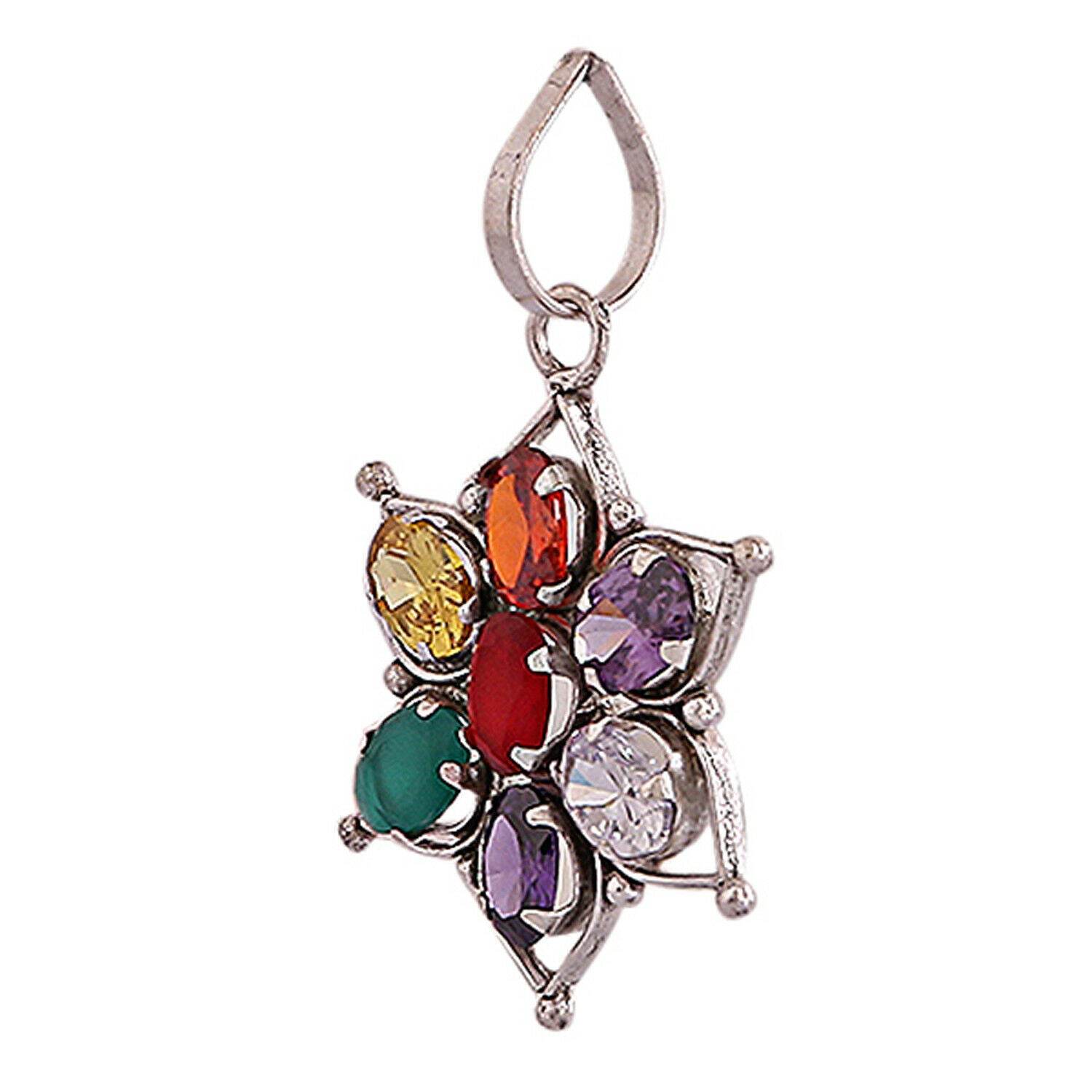 Navratana Snowflake Pendant – Silver Brass, 9 Gems - Aemorio
