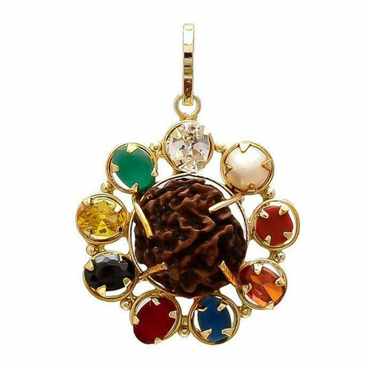 Navratana Rudraksha Pendant – Gold Plated, Healing Gemstones - Aemorio
