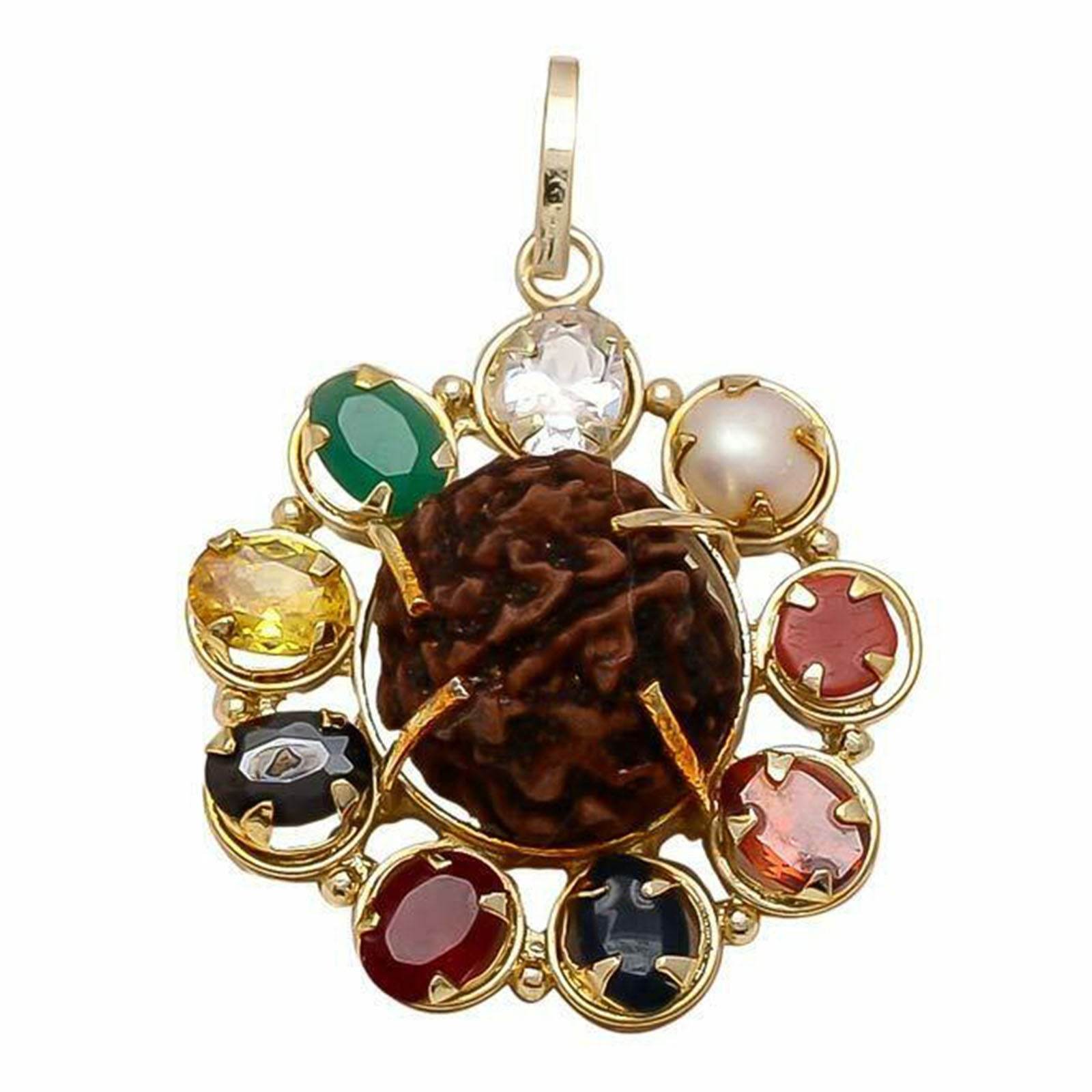 Navratana Rudraksha Pendant – Gold Plated, Healing Gemstones - Aemorio