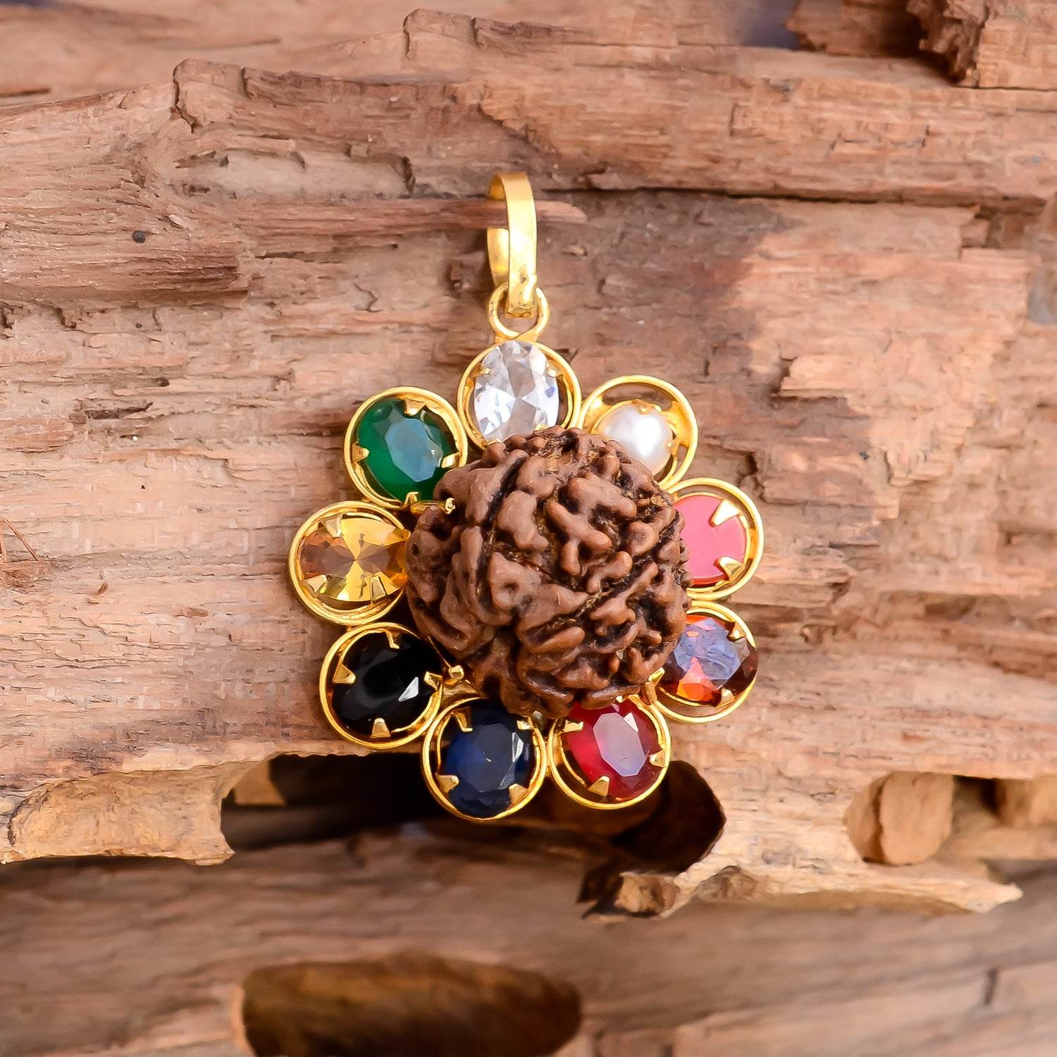 Navratana Rudraksha Pendant – Gold Plated, Healing Gemstones - Aemorio