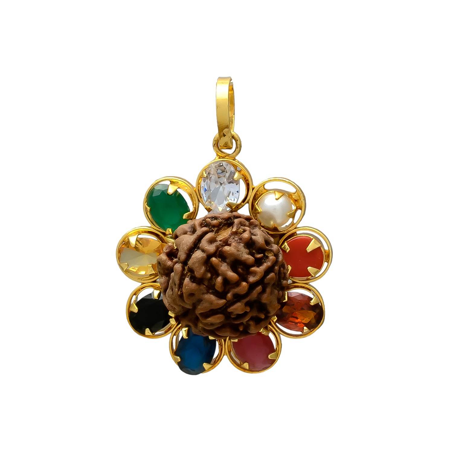 Navratana Rudraksha Pendant – Gold Plated, Healing Gemstones - Aemorio