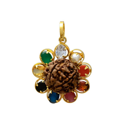 Navratana Rudraksha Pendant – Gold Plated, Healing Gemstones - Aemorio