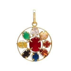 Designer Navratna Flower Pendant in Panchdhatu - Aemorio