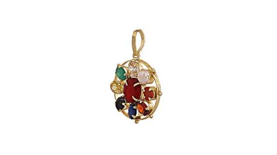 Designer Navratna Flower Pendant in Panchdhatu - Aemorio