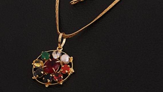 Designer Navratna Flower Pendant in Panchdhatu - Aemorio