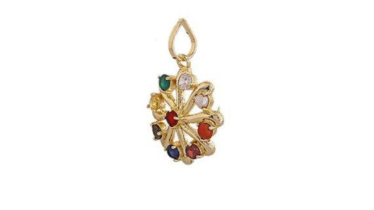 Navratna Chakra Brass Pendant – Gold Plated, 9 Gemstones - Aemorio