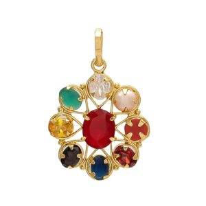 Designer Navratna Brass Flower Pendant – Gold Plated - Aemorio