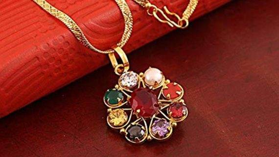 Designer Navratna Brass Flower Pendant – Gold Plated - Aemorio