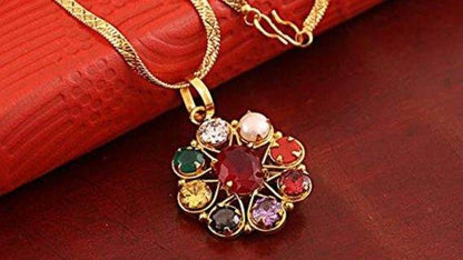 Designer Navratna Brass Flower Pendant – Gold Plated - Aemorio